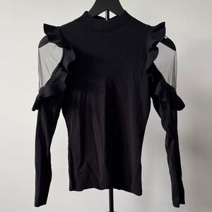 Gracia Black Ruffle Cold Shoulder Knit Statement Sweater size S
